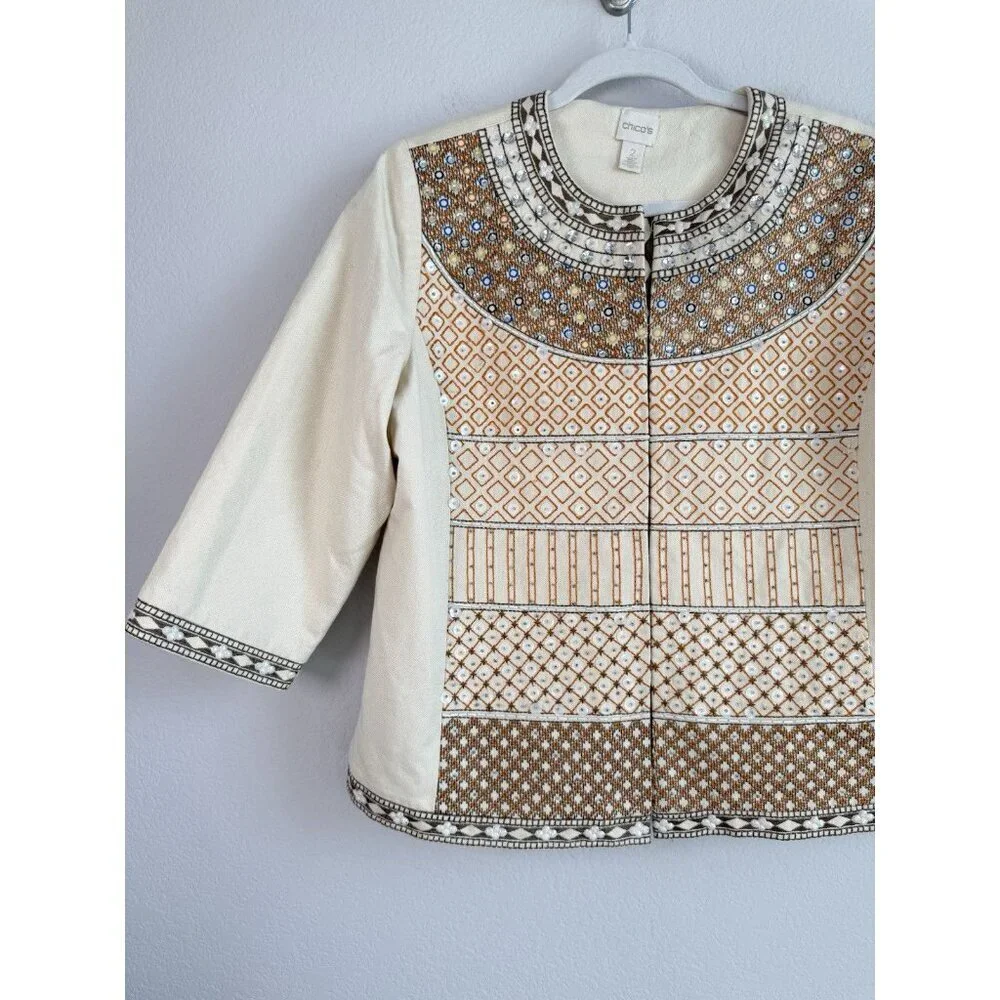 CHICO'S Women’s Embellished Jacket Tan Beige Embroidered‎ 3/4 Sleeves Size 2
